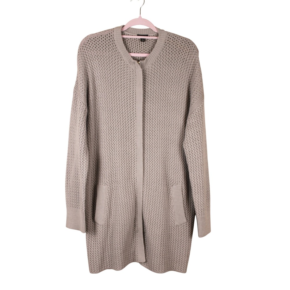 Ann Taylor Cabincore Lagenlook Cozy Gray Long Full Zip Waffle Knit Cardigan XL